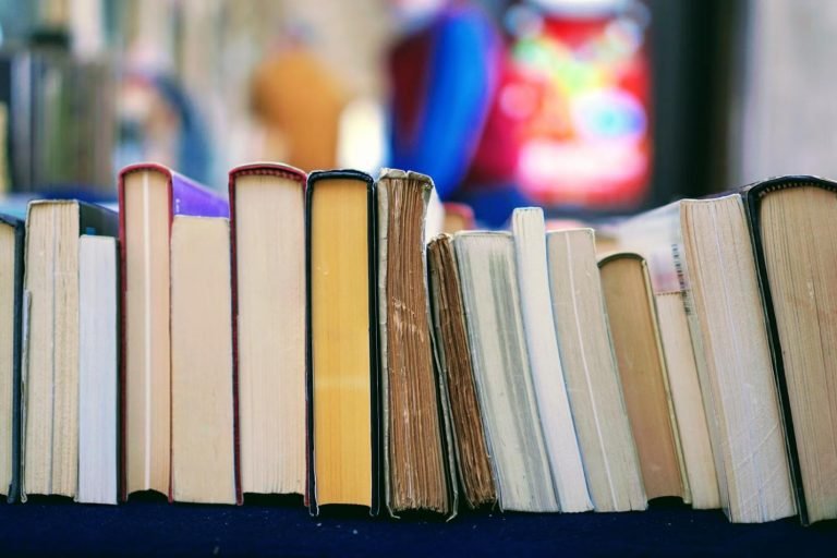 The image showcases a row of various books standing upright on a table, with a colorful blurred background suggesting a vibrant setting.