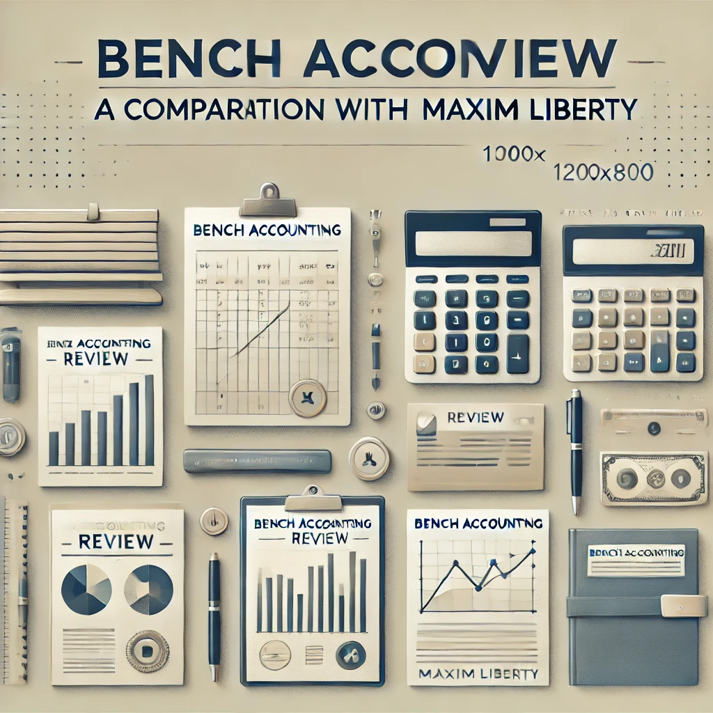 Comparison of Bench Accounting with Maxim Liberty featuring bookkeeping tools, charts, and financial documents