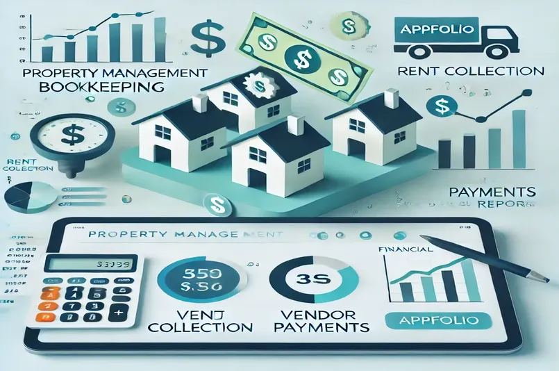 Financial dashboard for AppFolio property management bookkeeping showing rent collection, vendor payments, and financial reporting.