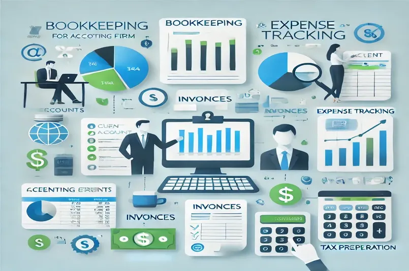 A financial dashboard for bookkeeping in accounting firms, displaying client accounts, invoices, and tax preparation