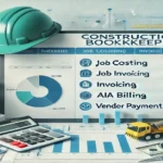 Financial dashboard for construction bookkeeping showing job costing, invoicing, and AIA billing features.