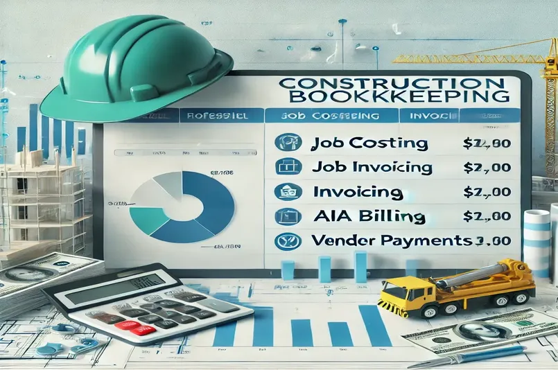 Financial dashboard for construction bookkeeping showing job costing, invoicing, and AIA billing features.