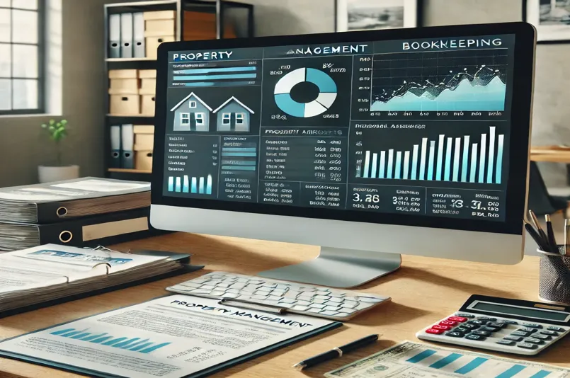 Property management office with bookkeeping software on screen showing financial charts and property files on the desk.