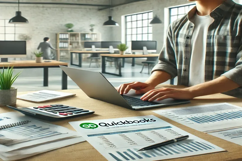 Business owner working on QuickBooks bookkeeping software in a modern office setting Title: QuickBooks Bookkeeping in a Professional Business Environment