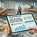 Construction scene with tablet displaying financial dashboard for job costing and invoicing, representing QuickBooks in construction.