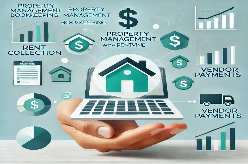 Financial dashboard for Rentvine property management bookkeeping showing rent collection, vendor payments, and financial reporting.