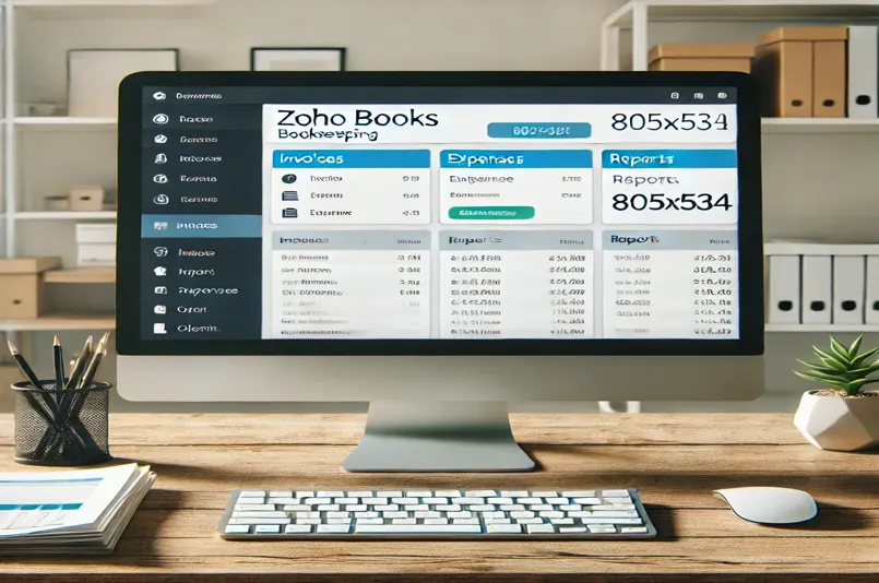 Zoho Books bookkeeping interface on a computer screen in a professional office setting.