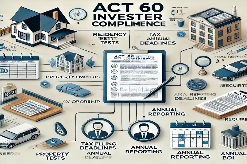 Infographic showing Act 60 Investor compliance requirements, including residency tests, tax filing, annual reporting, and BOI obligations.