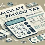 Calculator, payroll forms, and tax symbols with "Calculate Payroll Tax" text overlay.