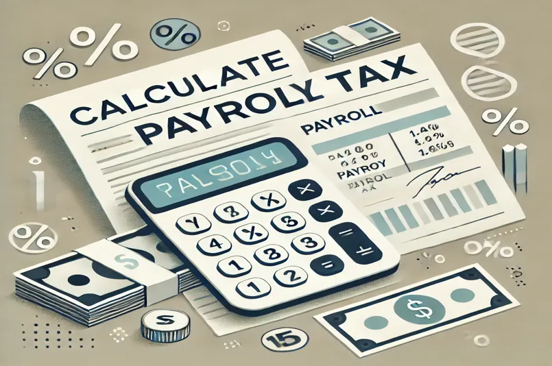 Calculator, payroll forms, and tax symbols with "Calculate Payroll Tax" text overlay.