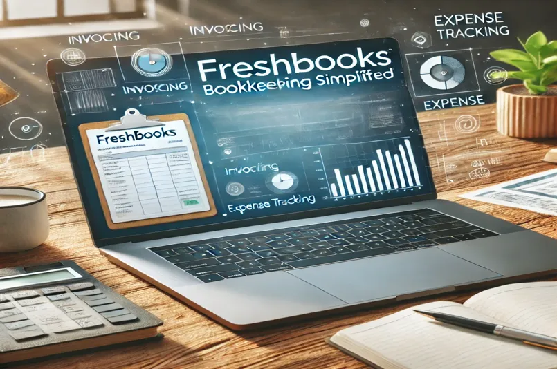 FreshBooks bookkeeping software interface on a laptop with desk setup