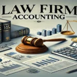 Illustration of law firm accounting tools with legal books, gavel, and financial documents.