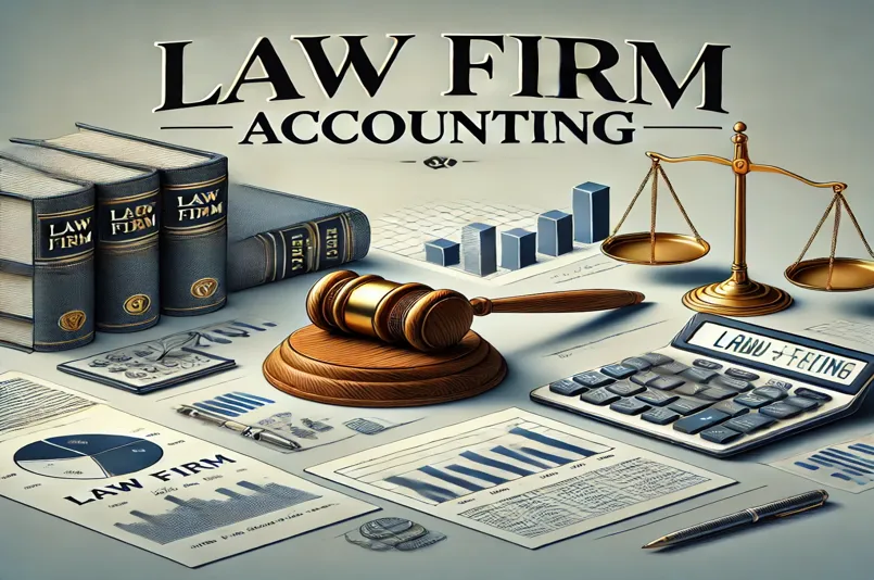 Illustration of law firm accounting tools with legal books, gavel, and financial documents.