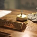 Reception desk with a bell at a hotel