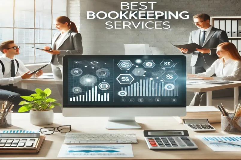 Professional bookkeeping services office setup with accountant and business owner.