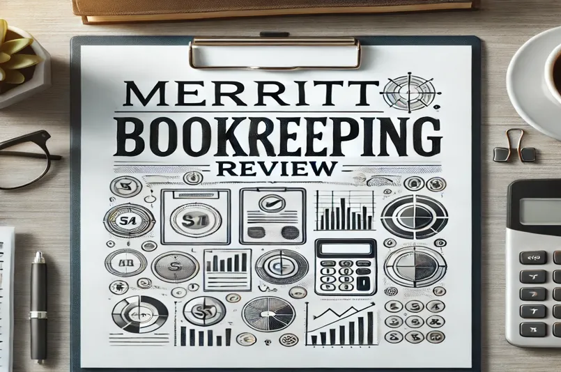 Merritt Bookkeeping Review with financial charts and bookkeeping icons.