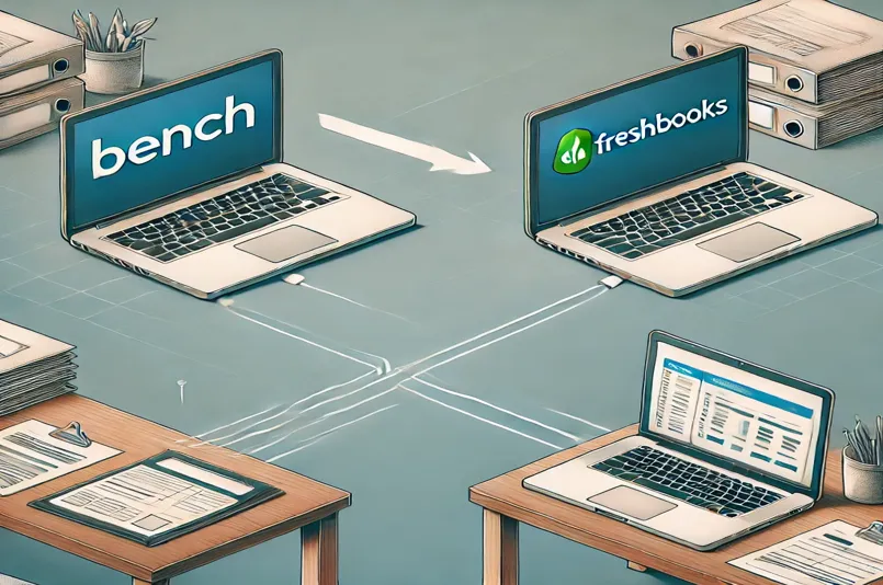 Illustration of transitioning from Bench to FreshBooks accounting software.