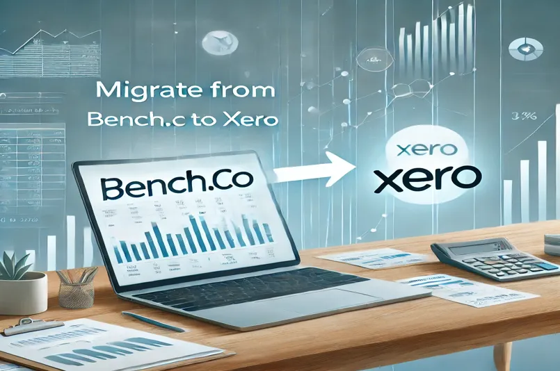 Transition from Bench.co to Xero featuring dashboards and financial tools.