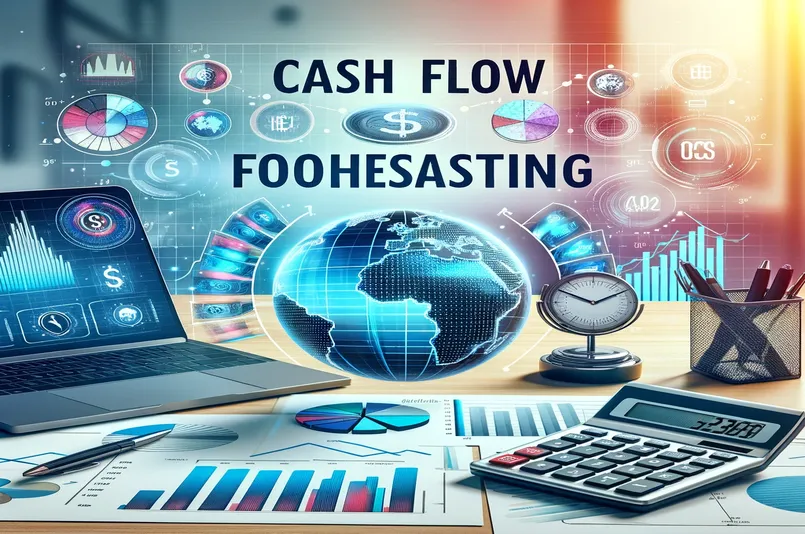 A professional business setting displaying financial charts and cash flow projections on a desk.