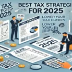 Illustration of tax-saving strategies for 2025 with financial charts, tax documents, and a businessman analyzing deductions.