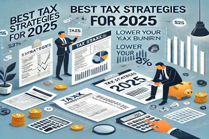 Illustration of tax-saving strategies for 2025 with financial charts, tax documents, and a businessman analyzing deductions.