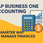 SAP Business One Accounting graphic featuring calculator, financial chart, and dollar sign