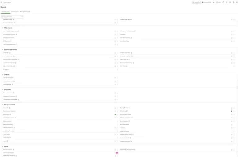 QuickBooks reports dashboard with financial data and insights