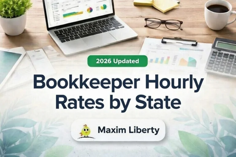 2026 updated guide to bookkeeper hourly rates by state – office desk scene with laptop, charts, coffee, and Maxim Liberty branding.