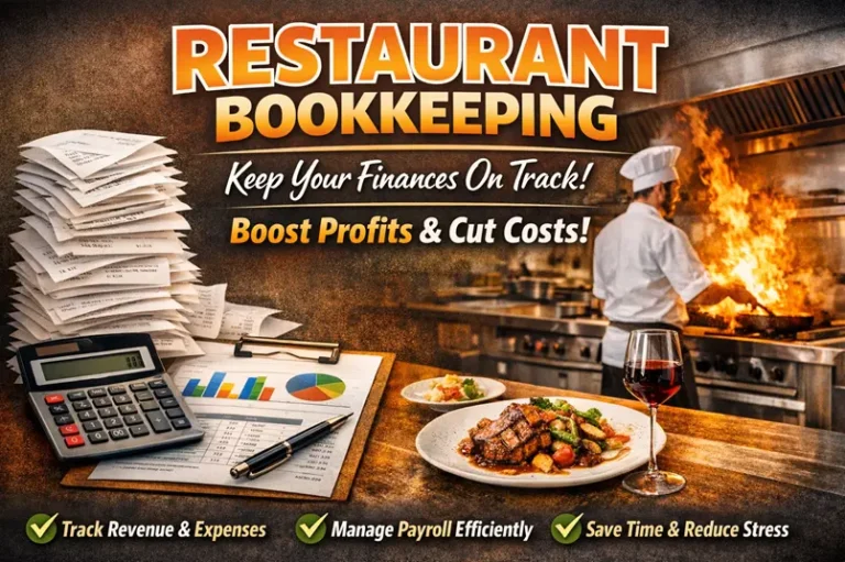 Restaurant bookkeeping hero banner showing receipts, calculator, and financial charts beside a chef cooking in a commercial kitchen.